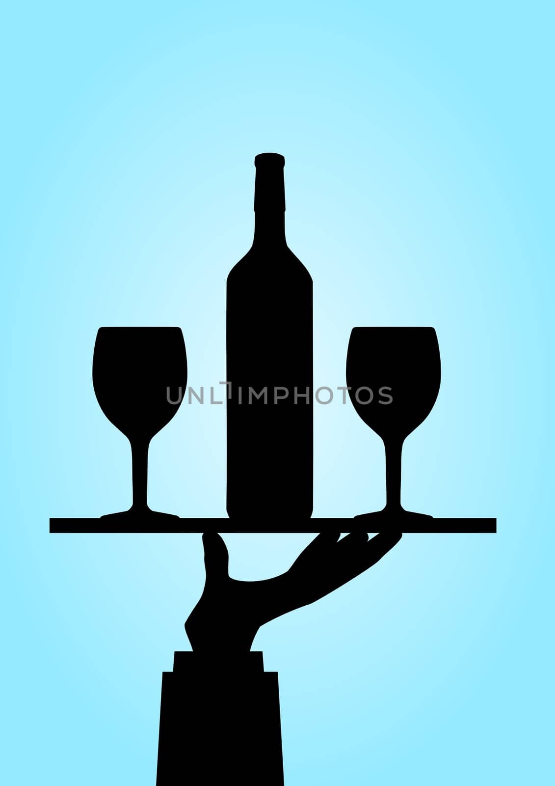 Illustration of a hand holding a tray containing a wine bottle  and glasses