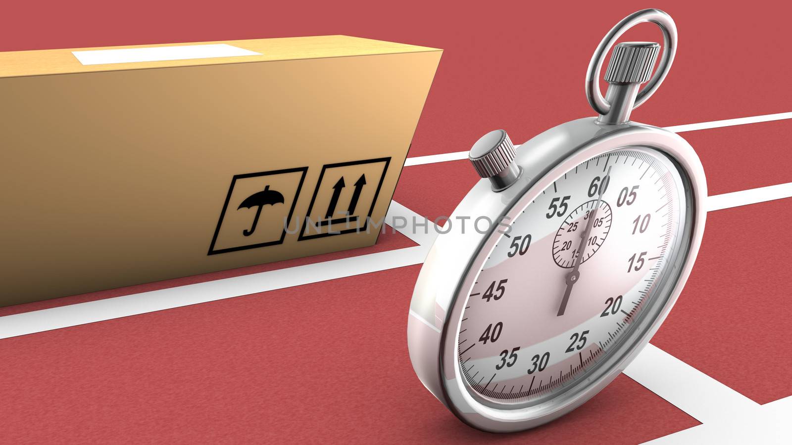 This illustration shows a box and a stopwatch ready to start a race. The concept is that the package can be as fast and accurate as the stopwatch in order to be transported and delivered on time.