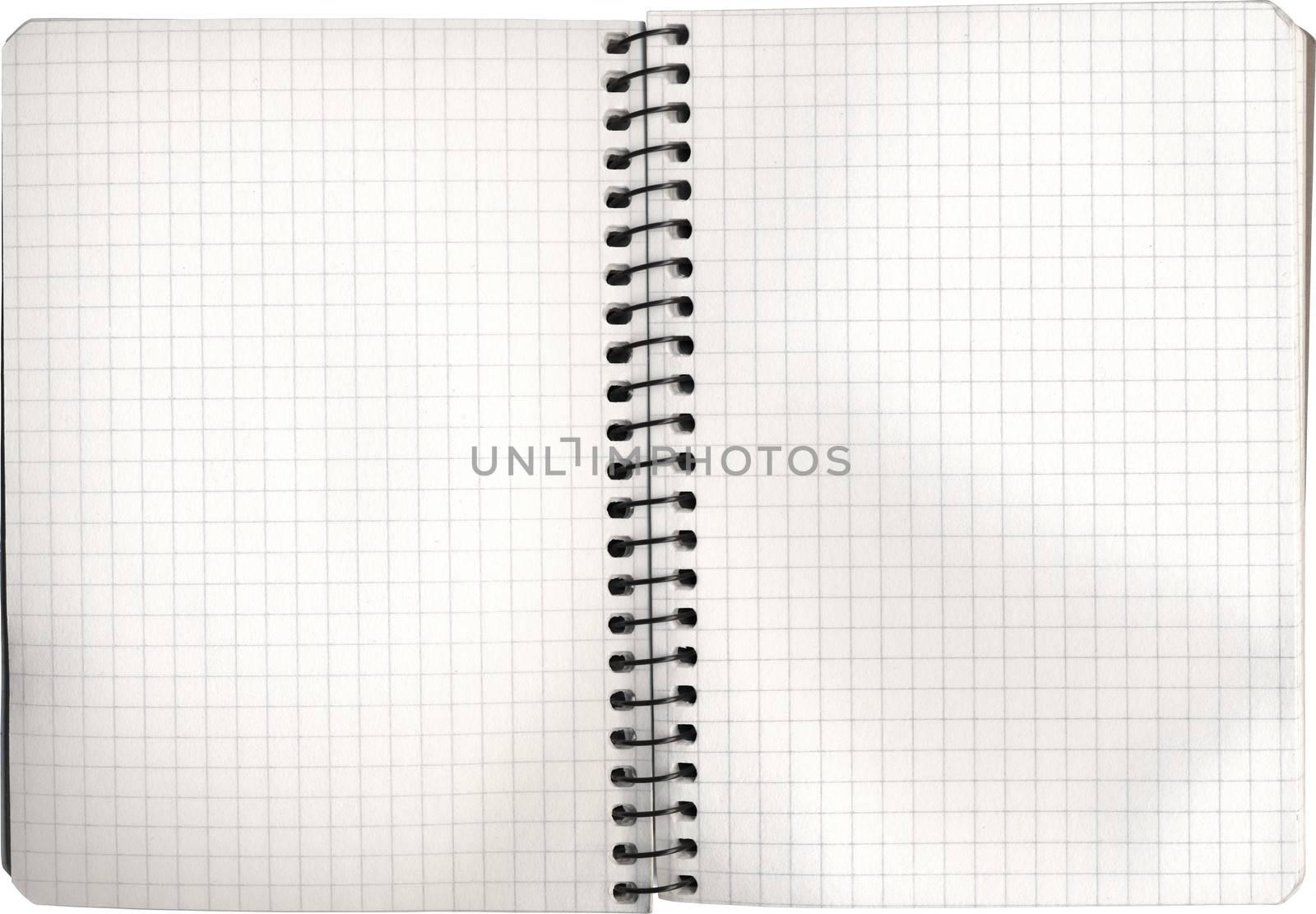 Open empty notebook on white cut out with clipping path