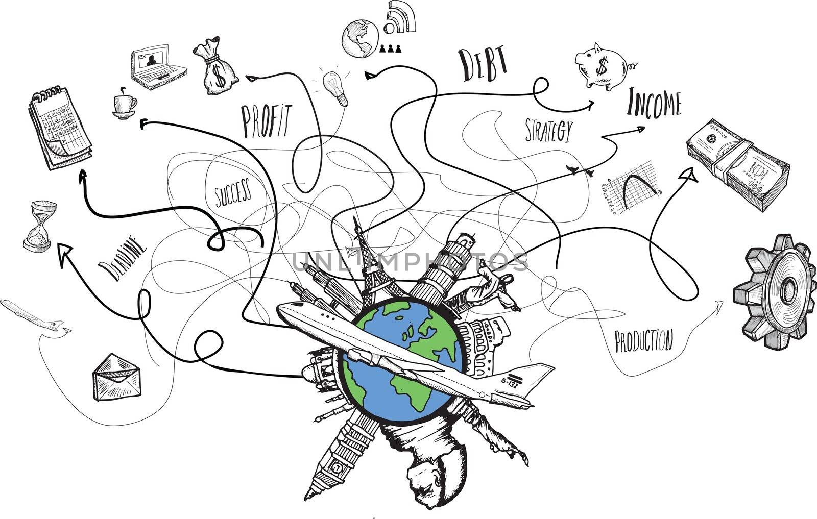 Global business and travel doodles on white background
