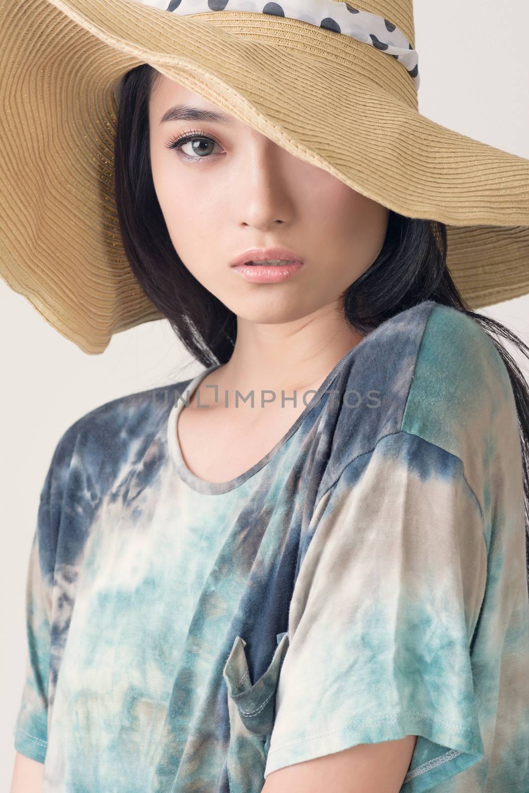 Glamour of Asian beauty with hat, closeup portrait.