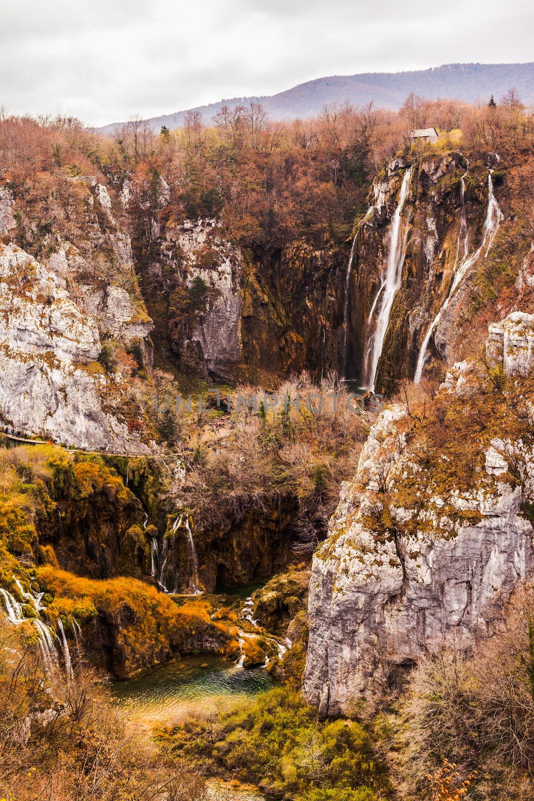 Biggest waterfall in Plitvice Lakes National Park. The Plitvice Lakes National Park is the largest national park in Croatia and is a UNESCO World Heritage Site.