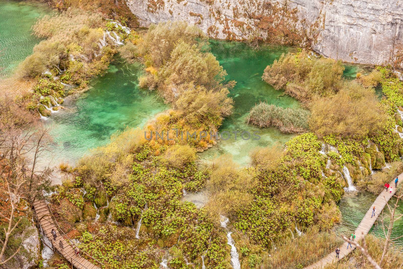 Top view of a portion of the Plitvice Lakes with its cascade