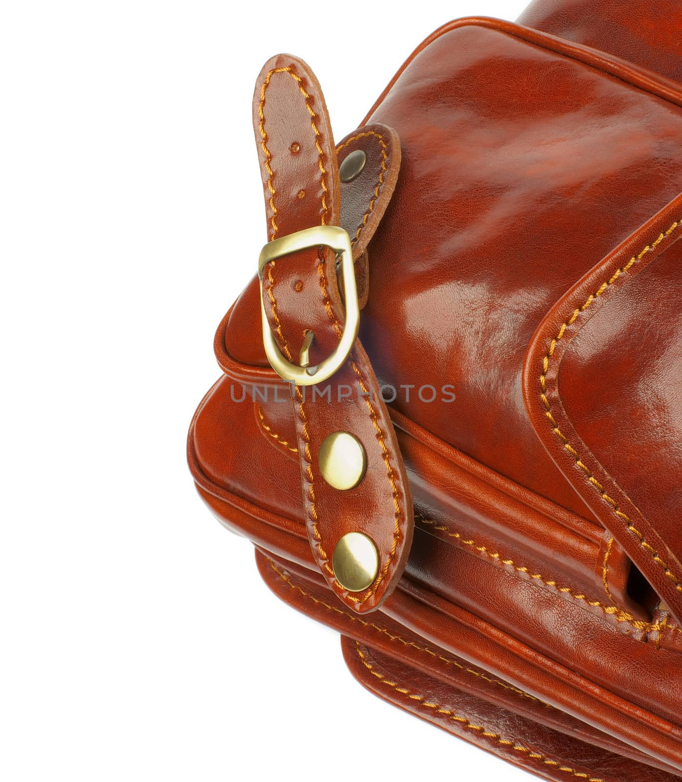 Details of Ginger Leather Traveling Bag with Pocket, Fastener and Back stitch isolated on white background