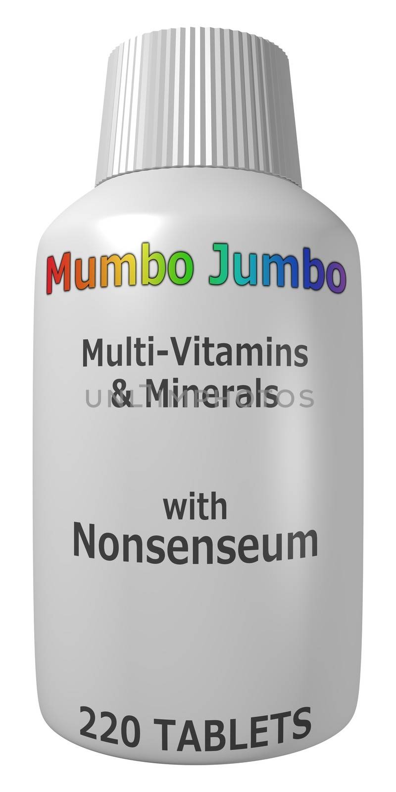 Illustration of a bottle of Multivitamins with alternative humorous text reflecting the current scientific knowledge of the product