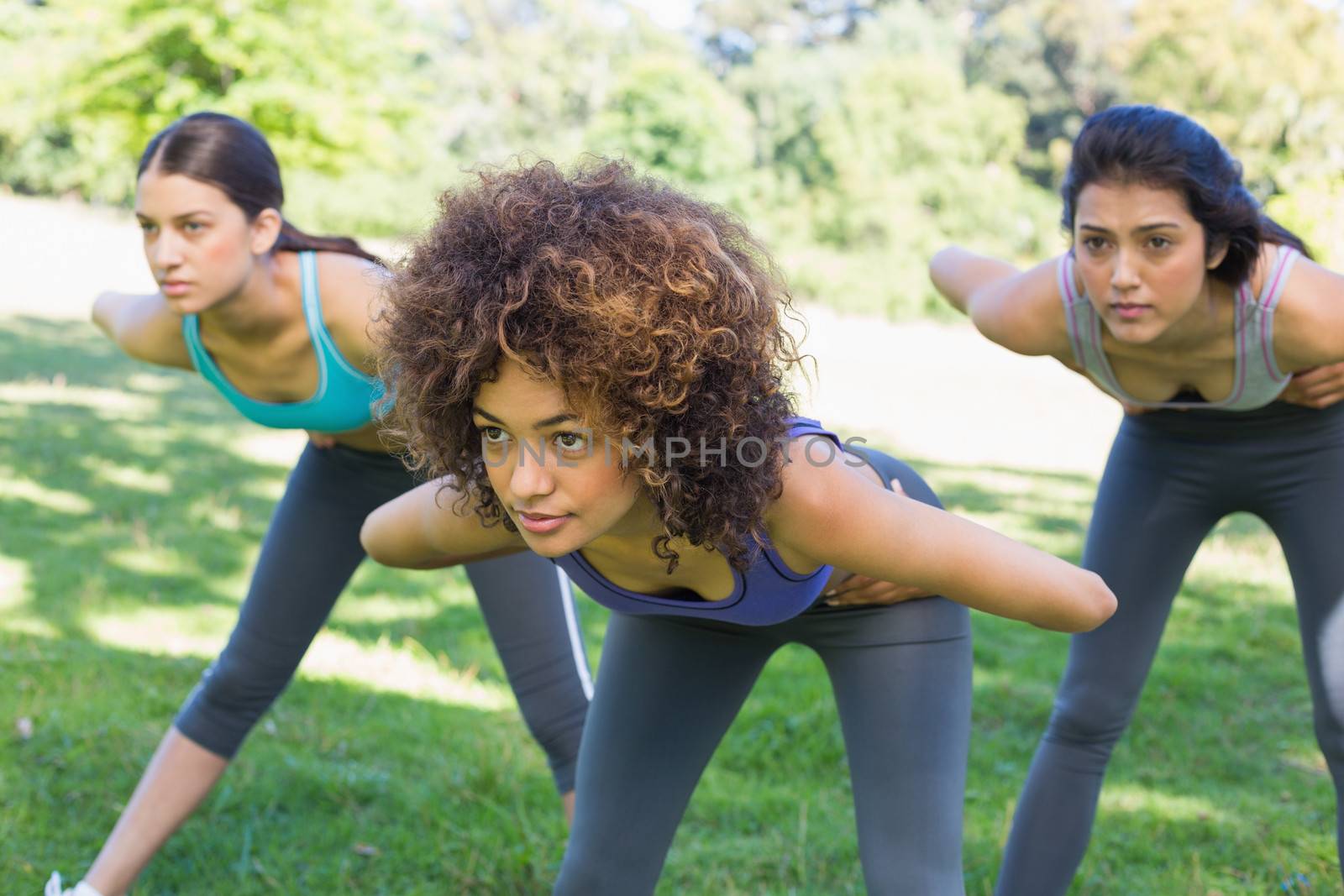 Dedicated sporty women exercising in park