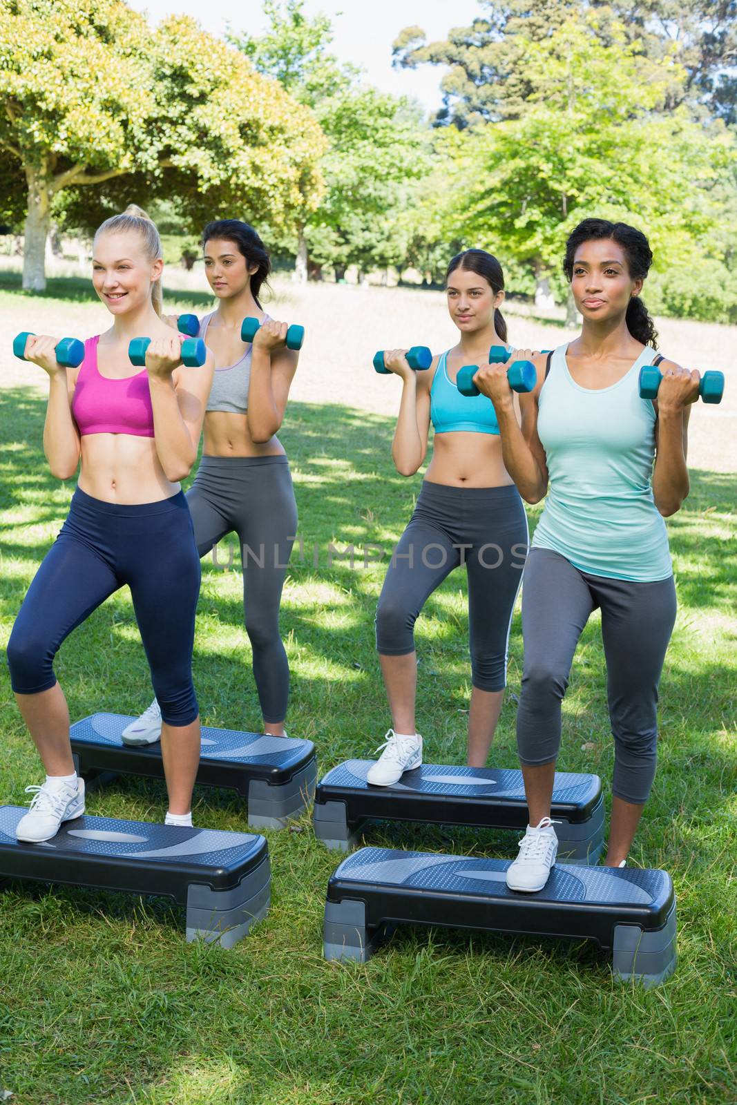 Full length of sporty women doing step aerobics with dumbbells in park