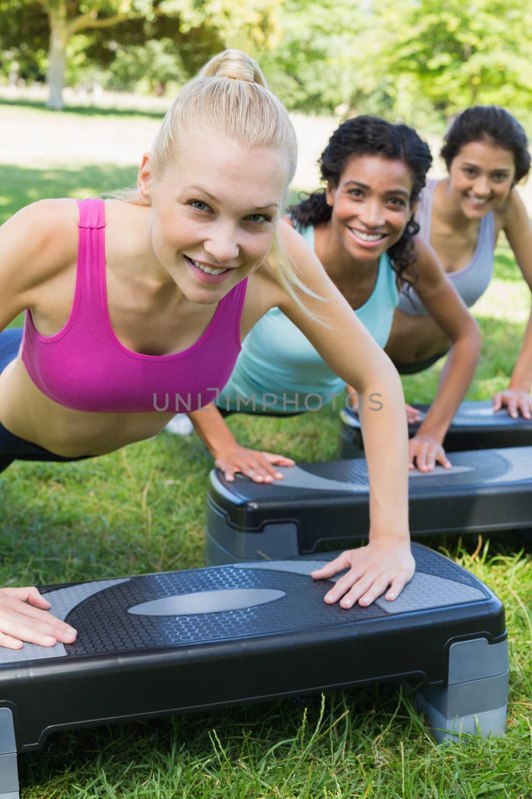 Portrait of smiling women doing step aerobics in park