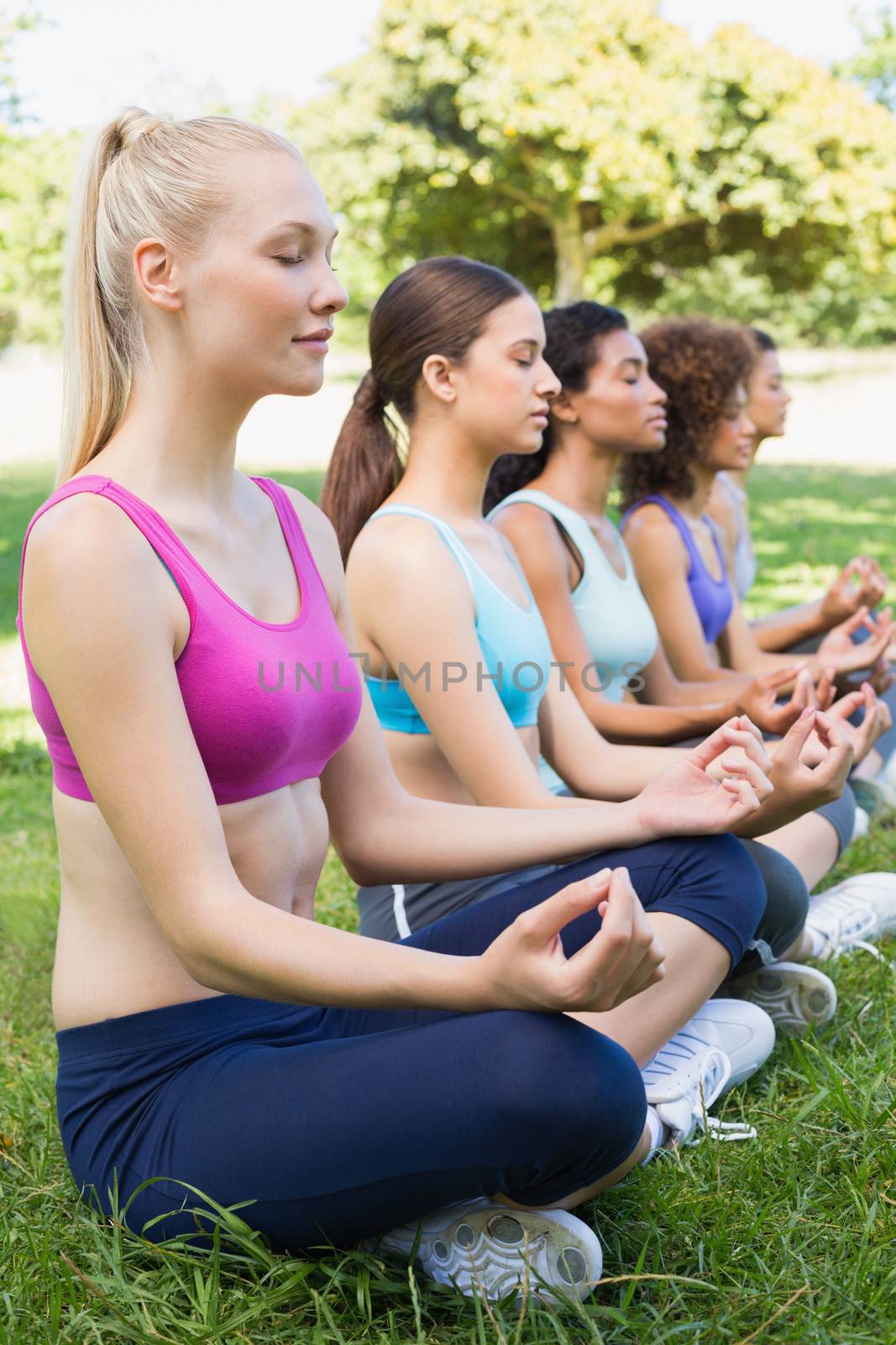 Women sitting in lotus position at park by Wavebreakmedia