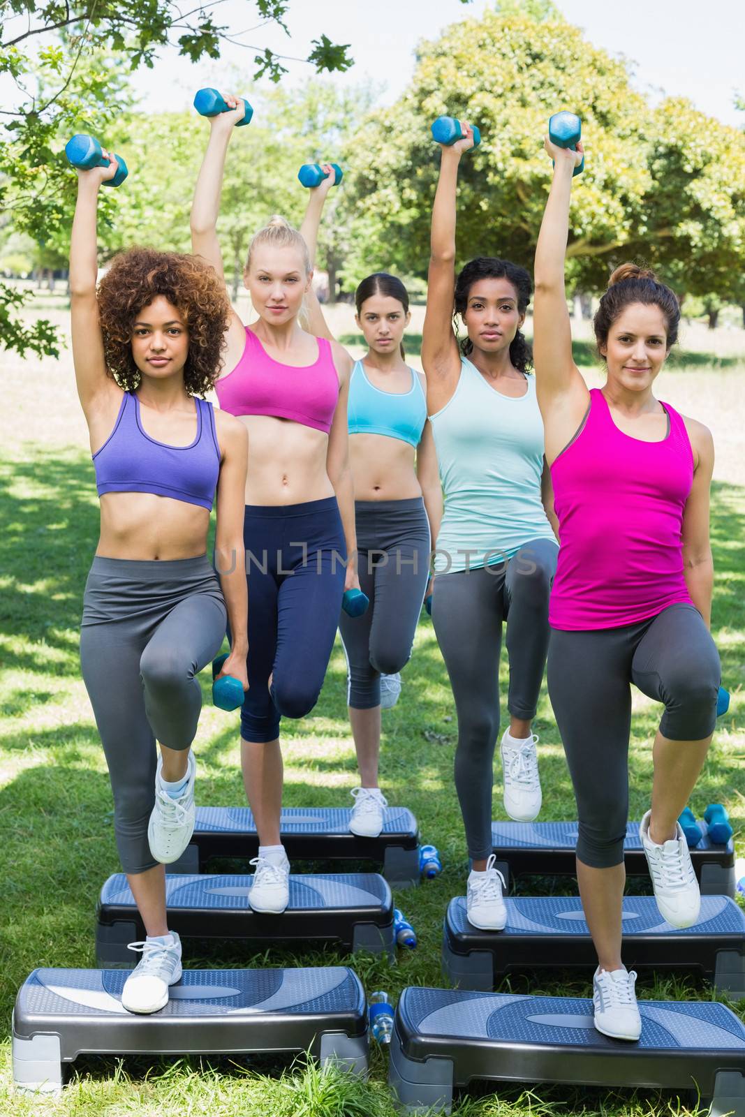 Full length portrait of determined women doing step aerobics with dumbbells in park