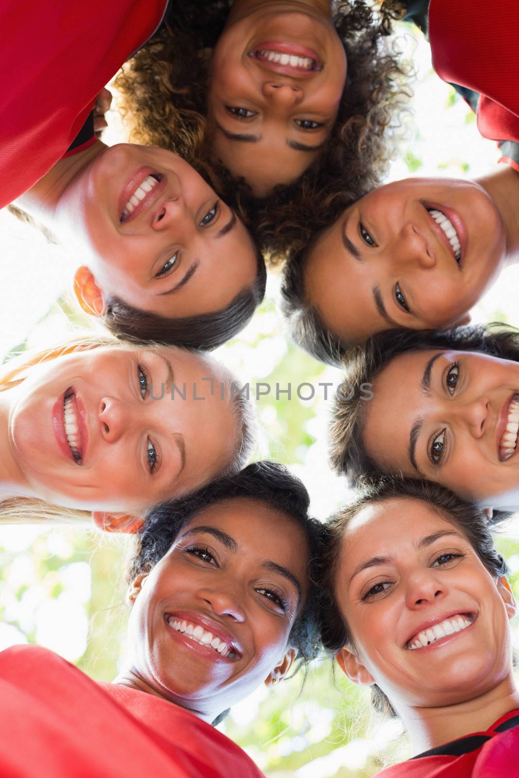 Directly below shot of happy female soccer team forming huddle