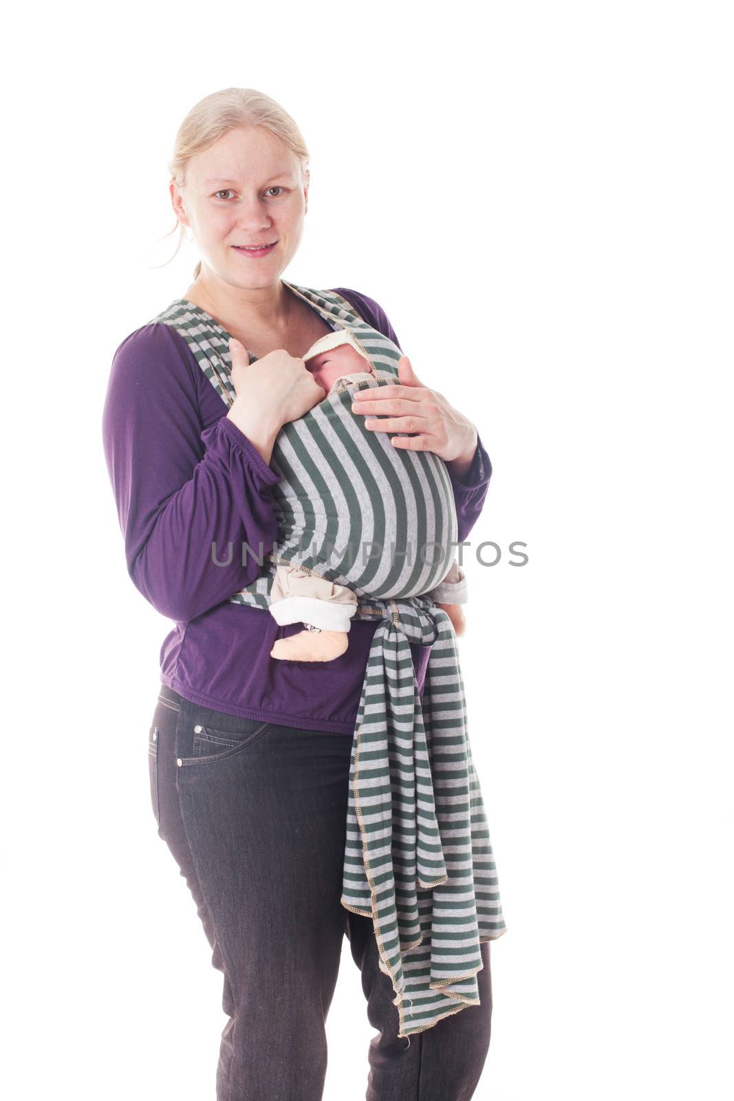 Mother with newborn baby in sling isolated on white