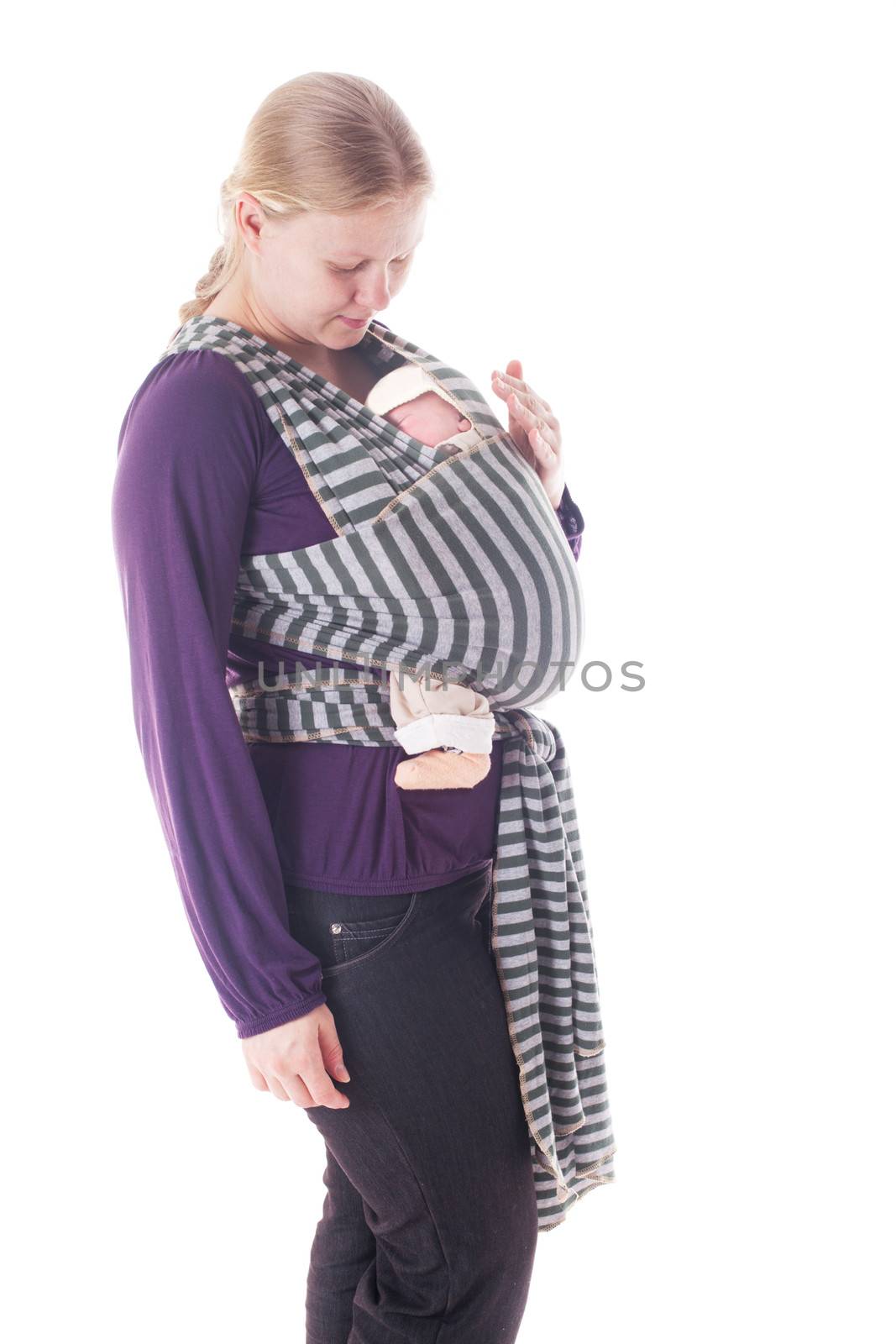 Mother with newborn baby in sling isolated on white