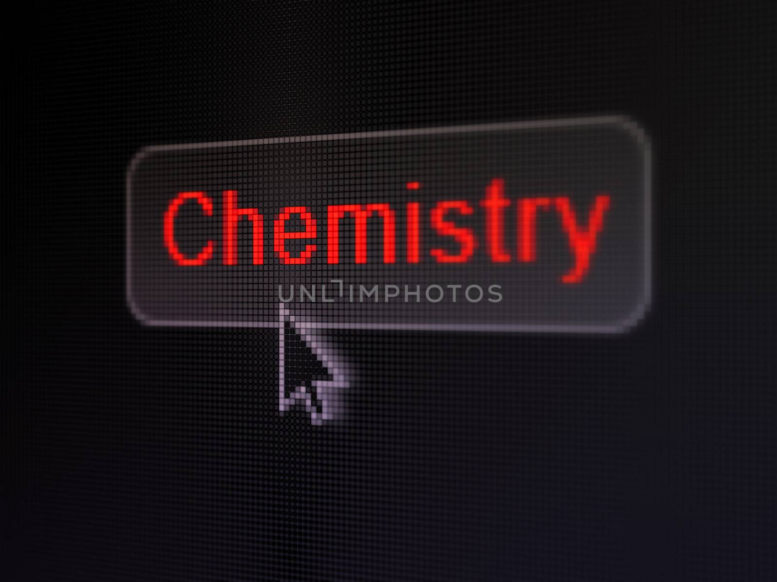 Education concept: pixelated words Chemistry on button with Arrow cursor on digital computer screen background, selected focus 3d render