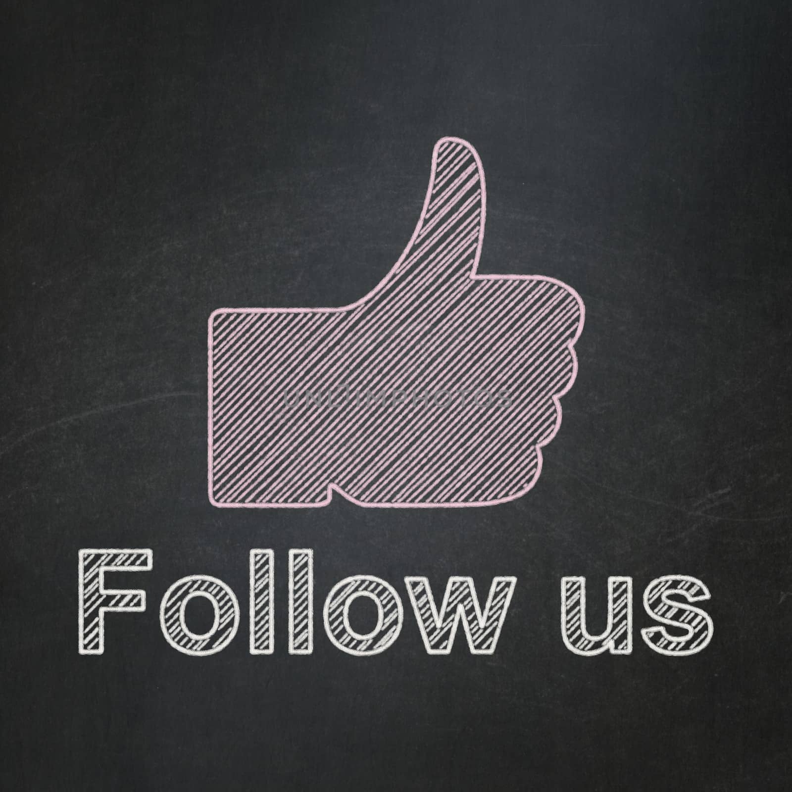 Social media concept: Thumb Up icon and text Follow us on Black chalkboard background, 3d render