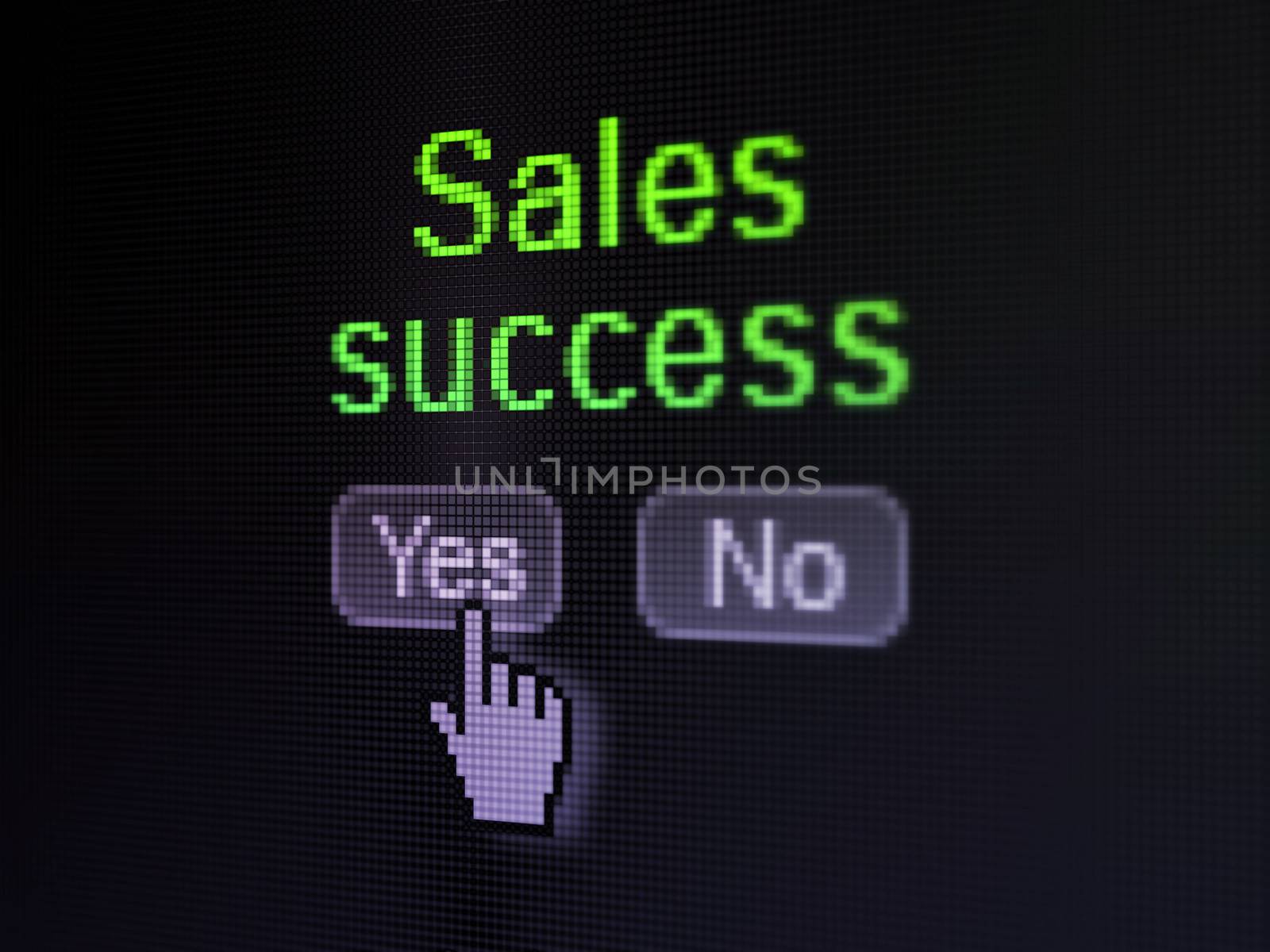 Advertising concept: buttons yes and no with pixelated word Sales Success and Hand cursor on digital computer screen, selected focus 3d render