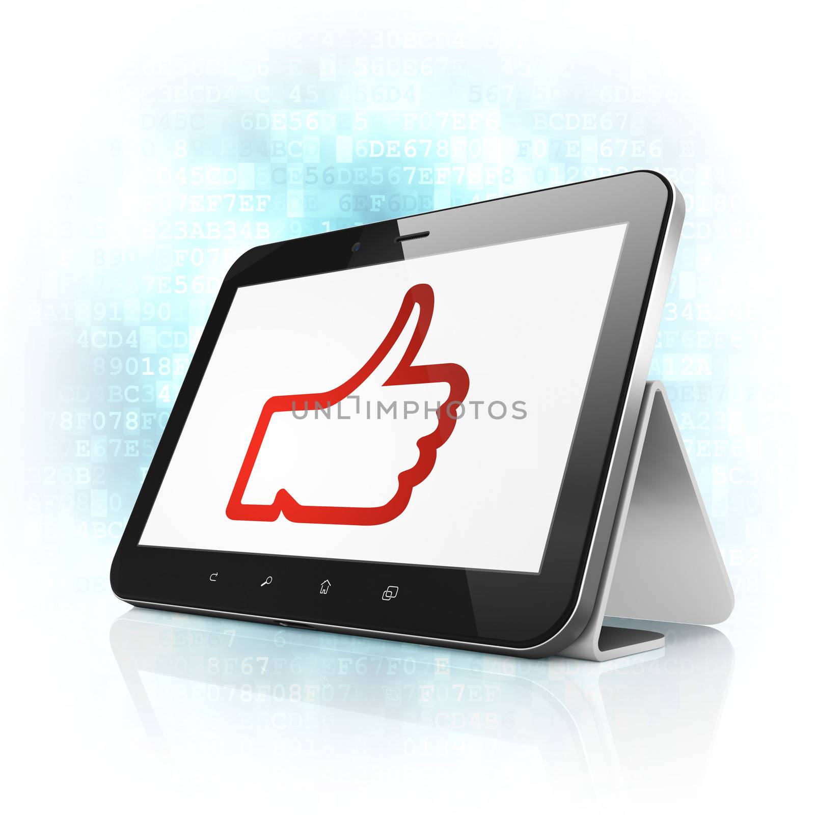 Social network concept: black tablet pc computer with Thumb Up icon on display. Modern portable touch pad on Blue Digital background, 3d render