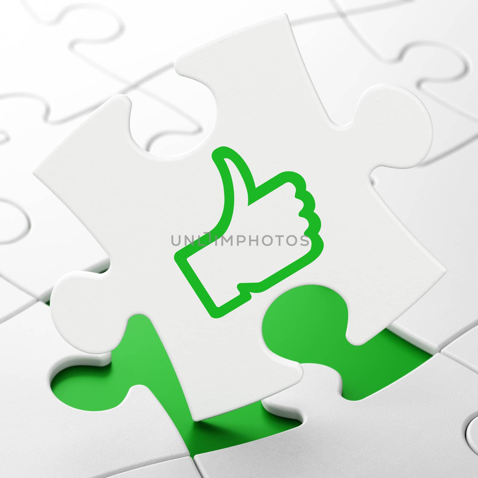 Social media concept: Thumb Up on White puzzle pieces background, 3d render
