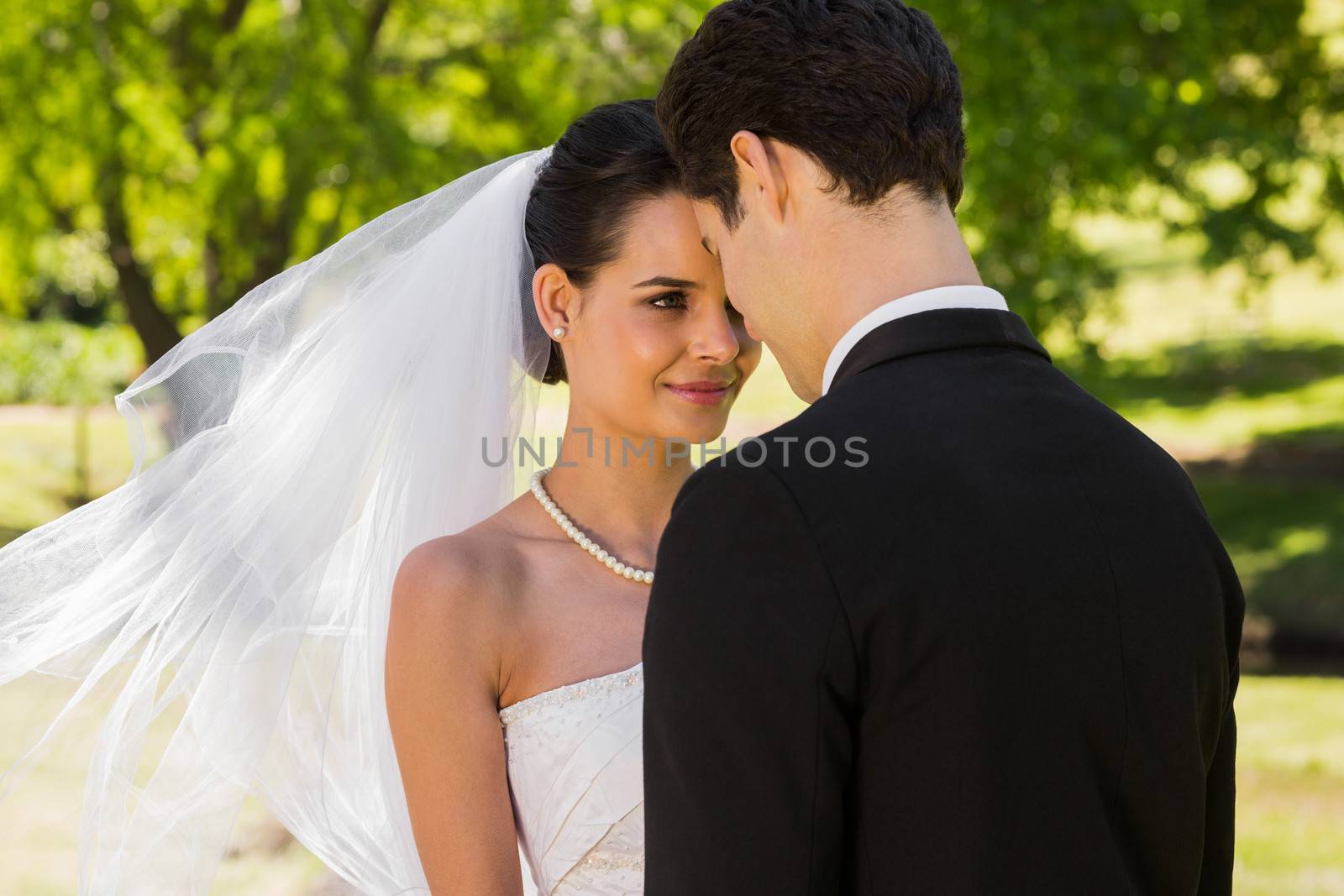 View of a romantic newlywed couple standing in the park