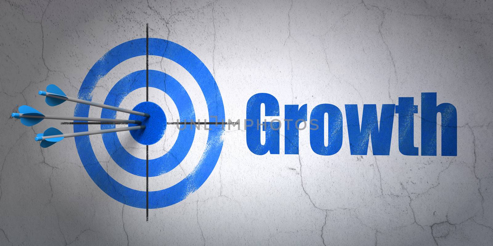 Success finance concept: arrows hitting the center of target, Blue Growth on wall background, 3d render