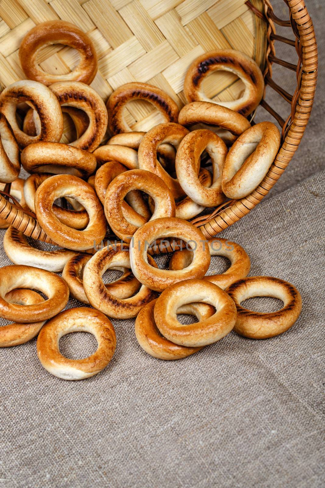 Russian traditional bagels in a wicker basket close-up shot