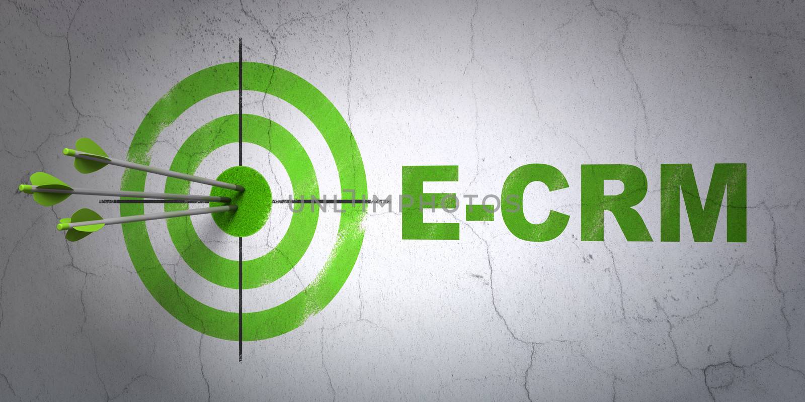 Success finance concept: arrows hitting the center of target, Green E-CRM on wall background, 3d render