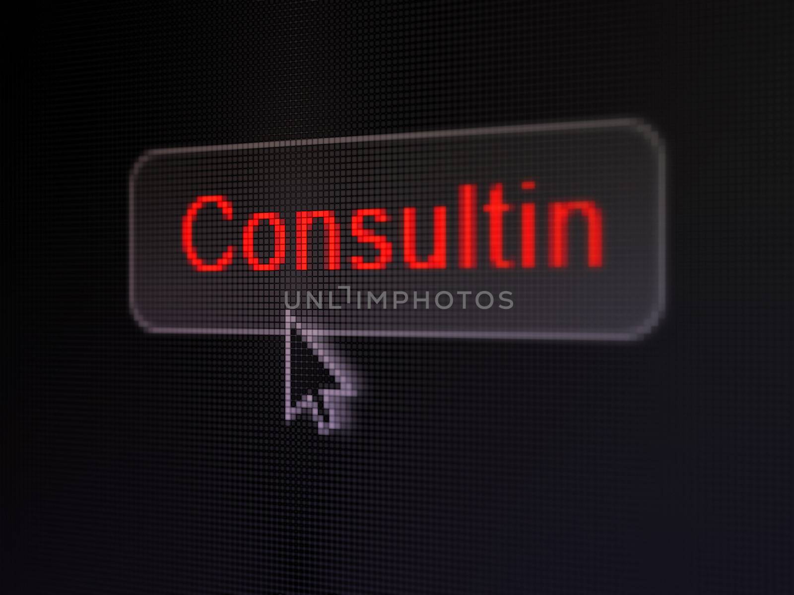 Finance concept: pixelated words Consulting on button with Arrow cursor on digital computer screen background, selected focus 3d render