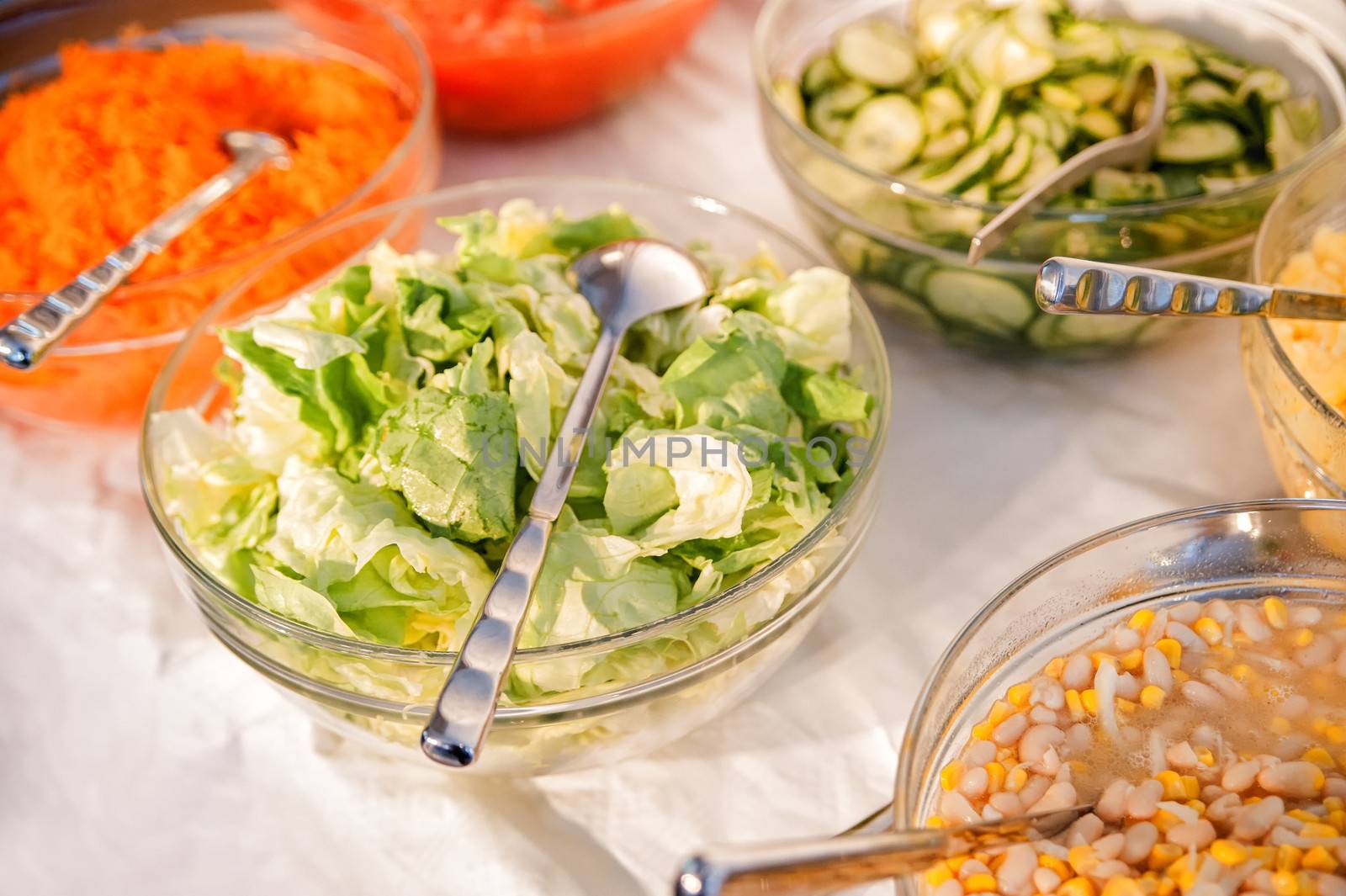 Different Salads with lettuce and carrot on a catering buffet