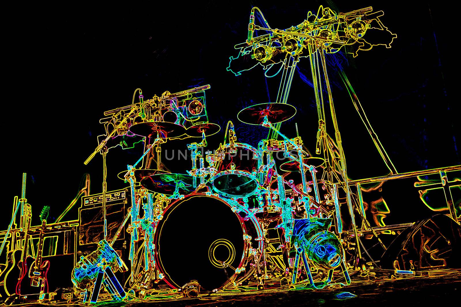 rock band stage set-up with drums, guitars and spotlights