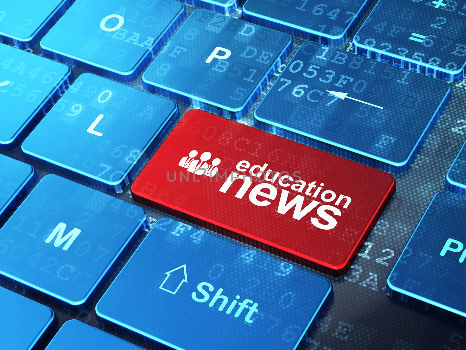 News concept: computer keyboard with Business People icon and word Education News on enter button background, 3d render