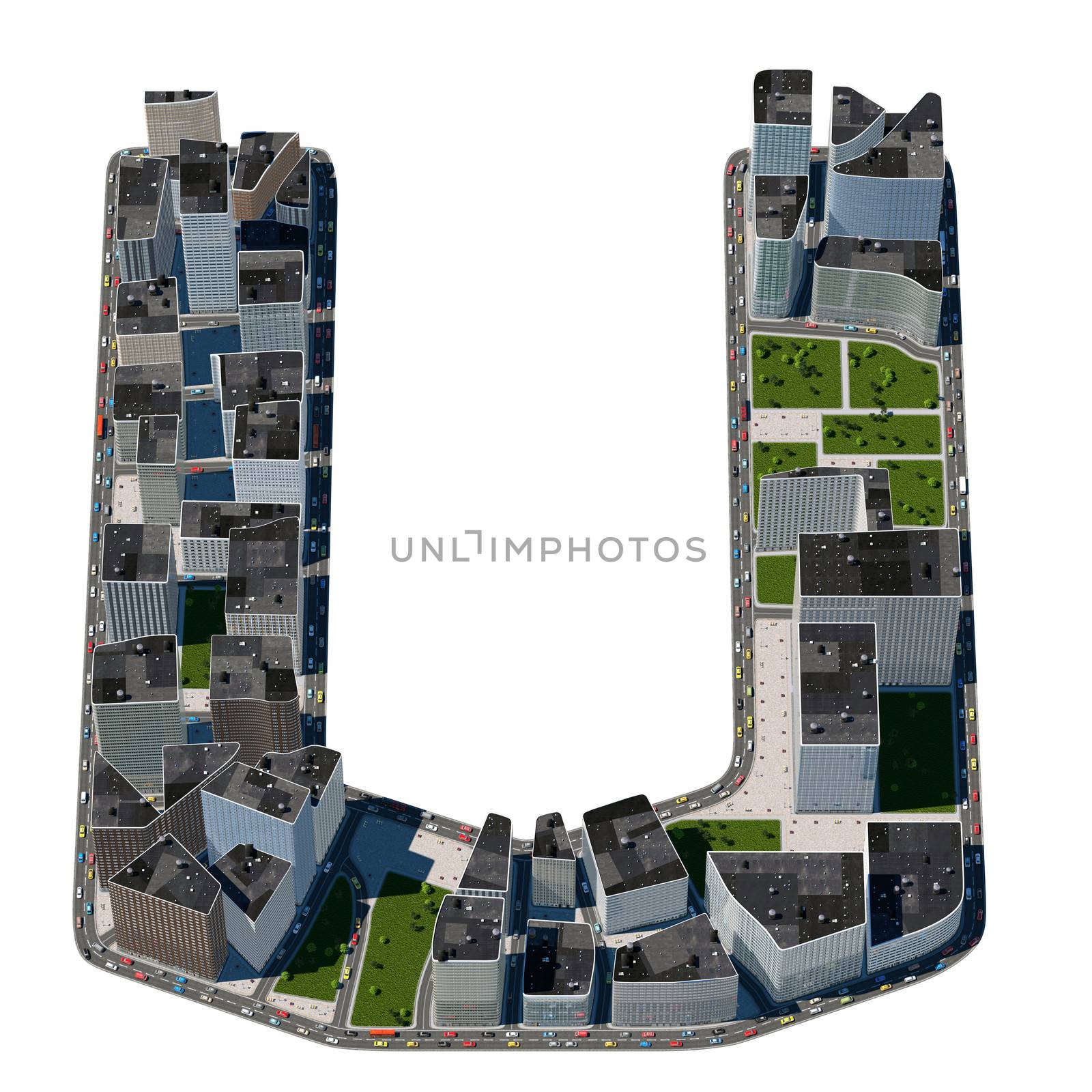 Urban u letter from city font collection. Extreme detail. Custom made and rendered