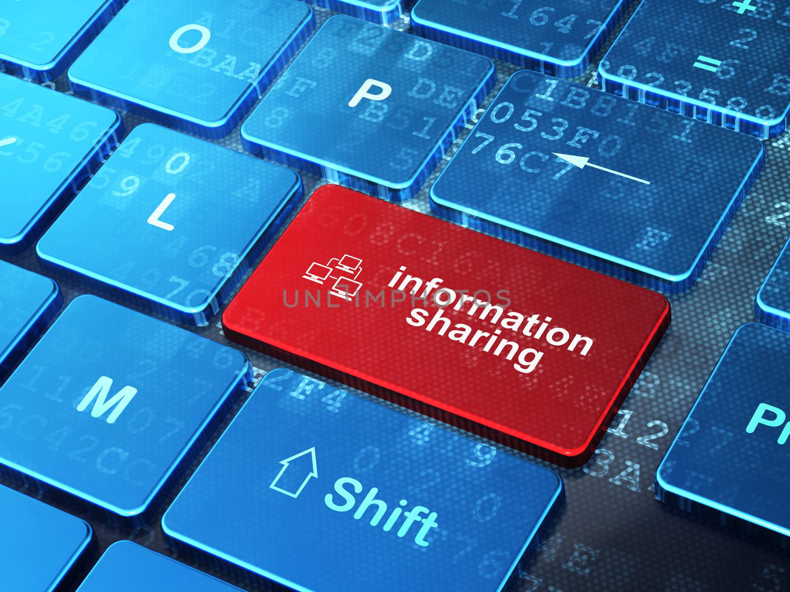 Data concept: computer keyboard with Lan Computer Network icon and word Information Sharing on enter button background, 3d render