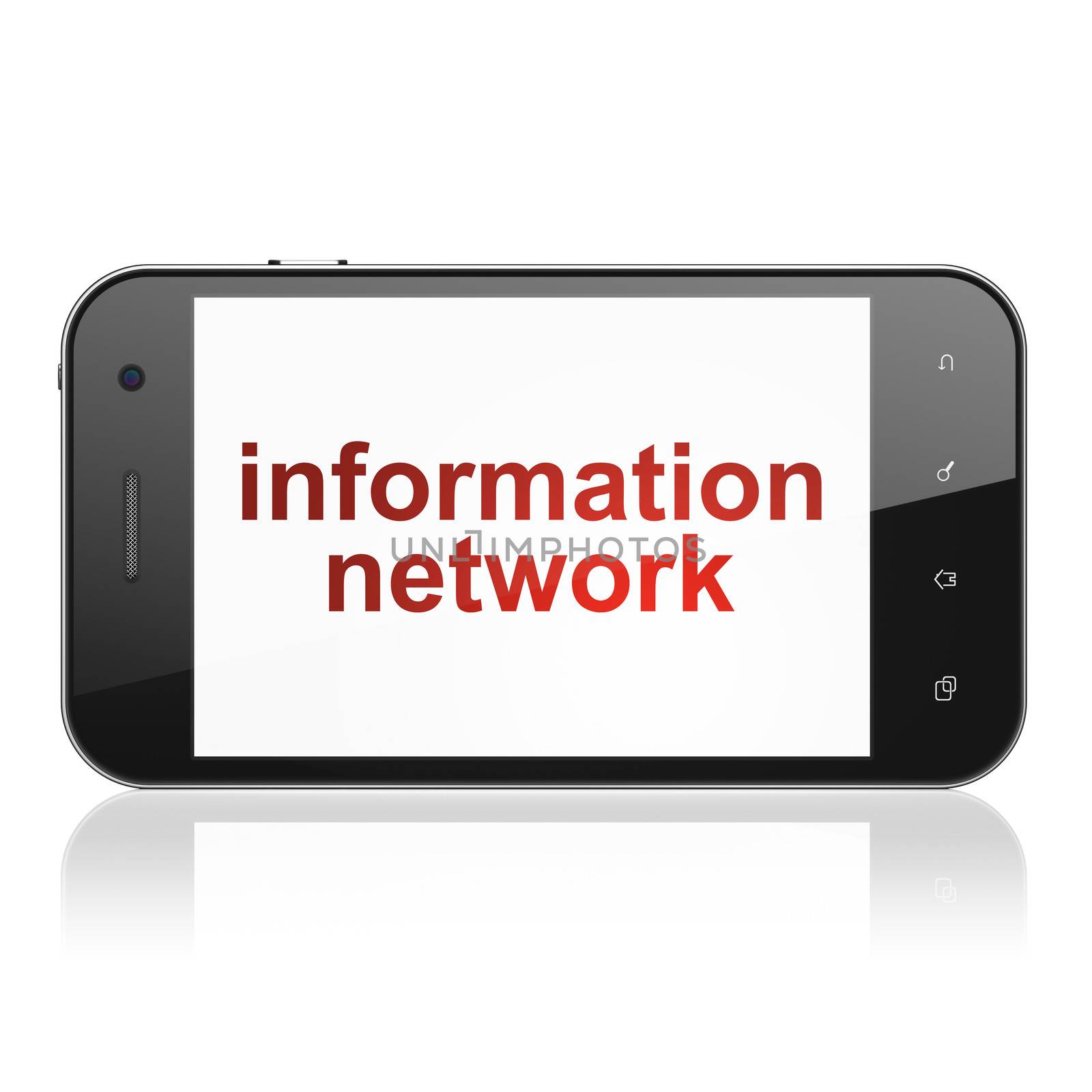 Information concept: smartphone with text Information Network on display. Mobile smart phone on White background, cell phone 3d render