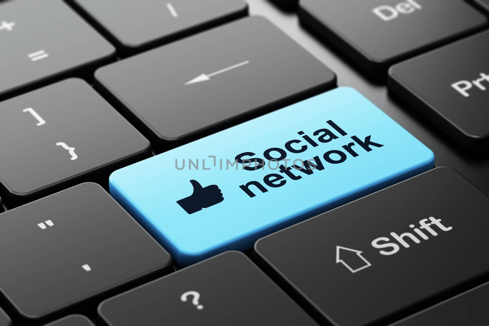 Social network concept: Thumb Up and Social Network on computer keyboard background by maxkabakov