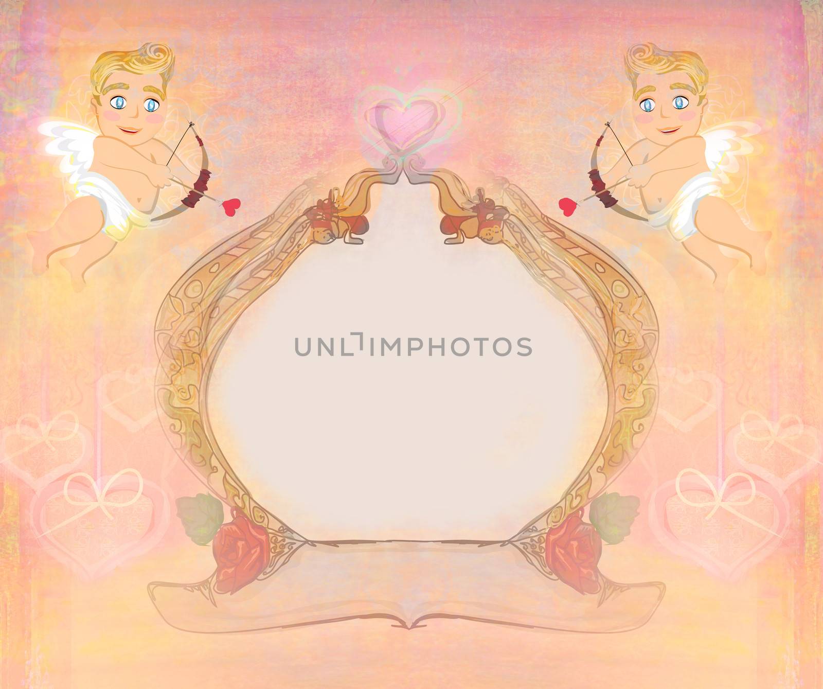 happy valentines day vintage card with cupids and vintage frame