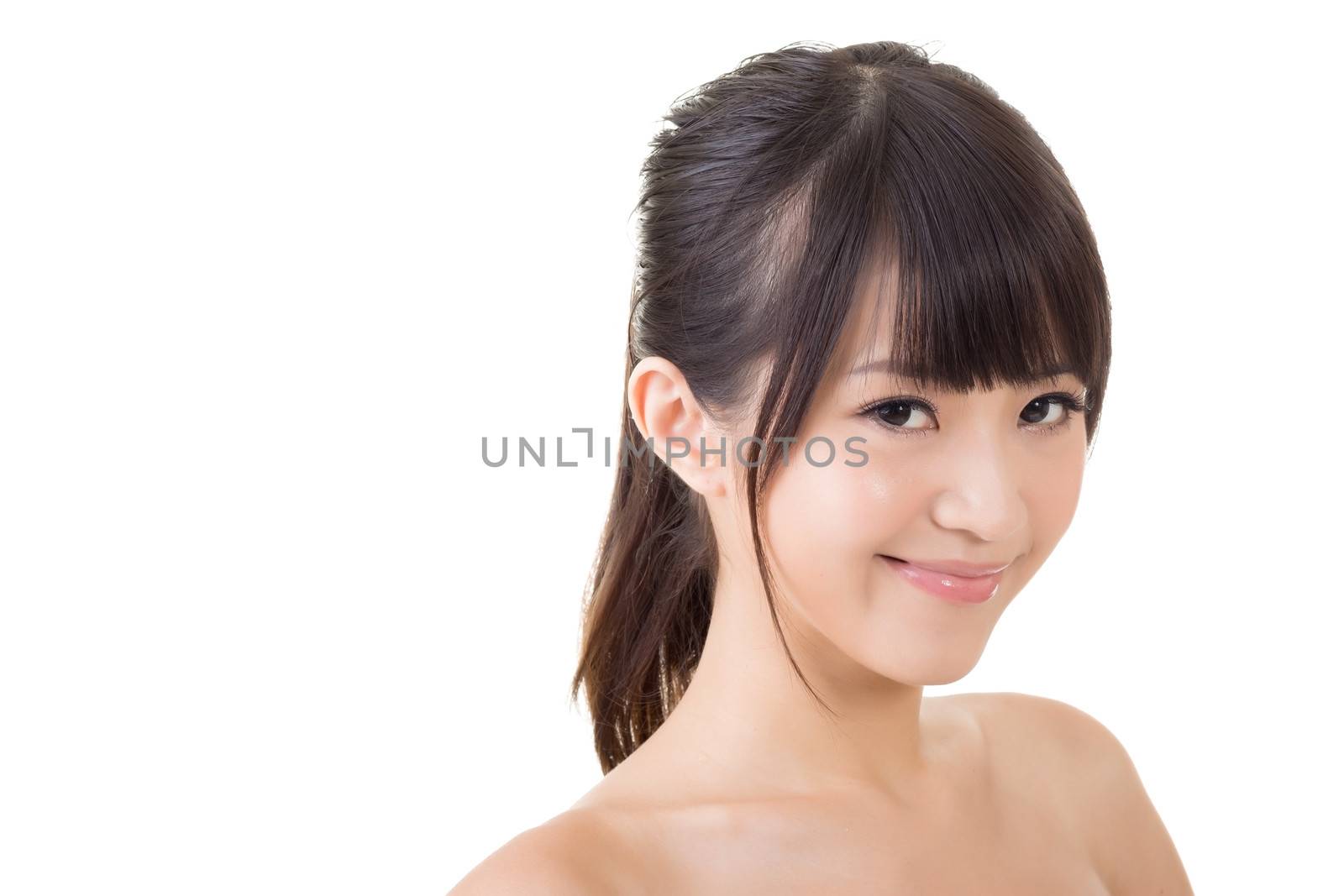 Asian woman beauty face closeup portrait. Isolated on the white background.