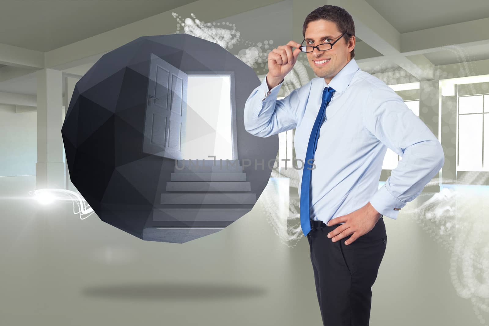 Thinking businessman tilting glasses against abstract white design in room