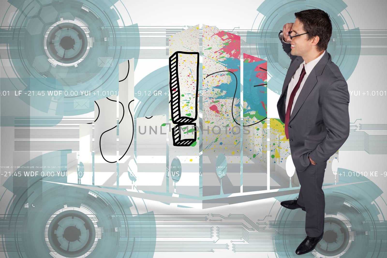 Thinking businessman touching his glasses against technology wheel background