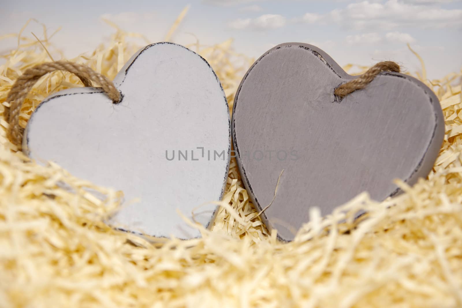 two wooden hearts in a love nest made of straw