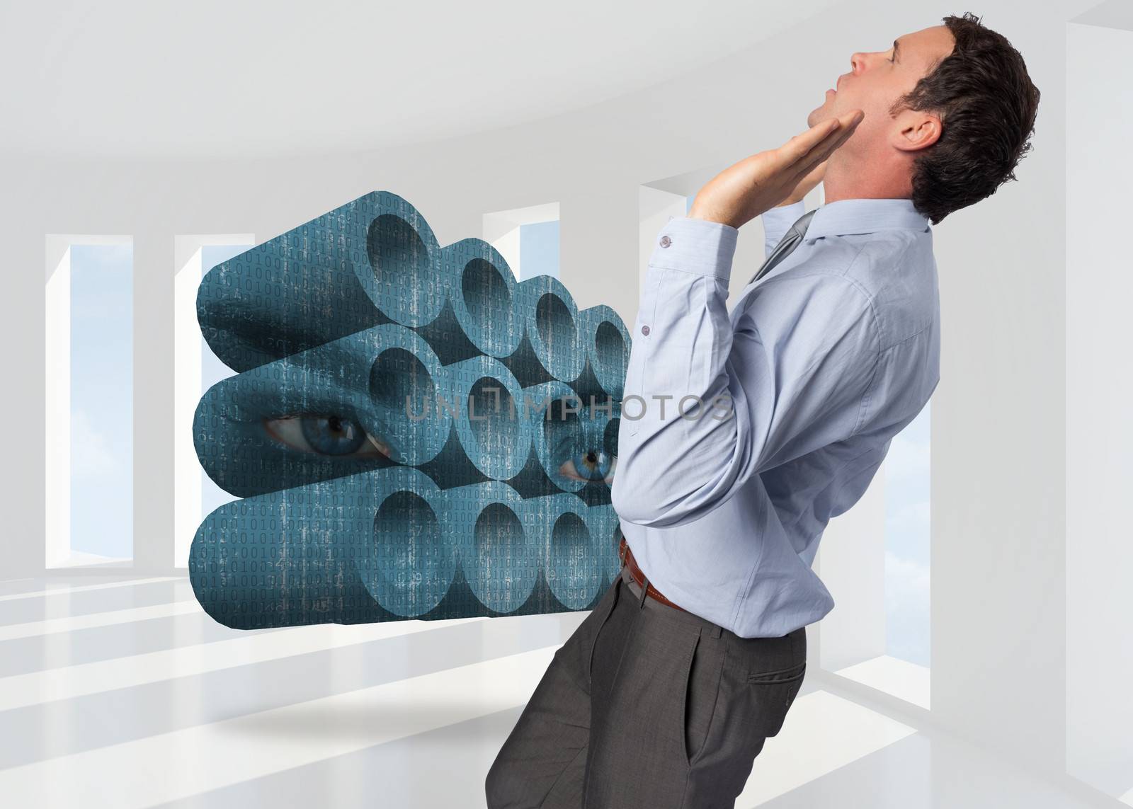 Composite image of businessman standing with arms pushing up by Wavebreakmedia