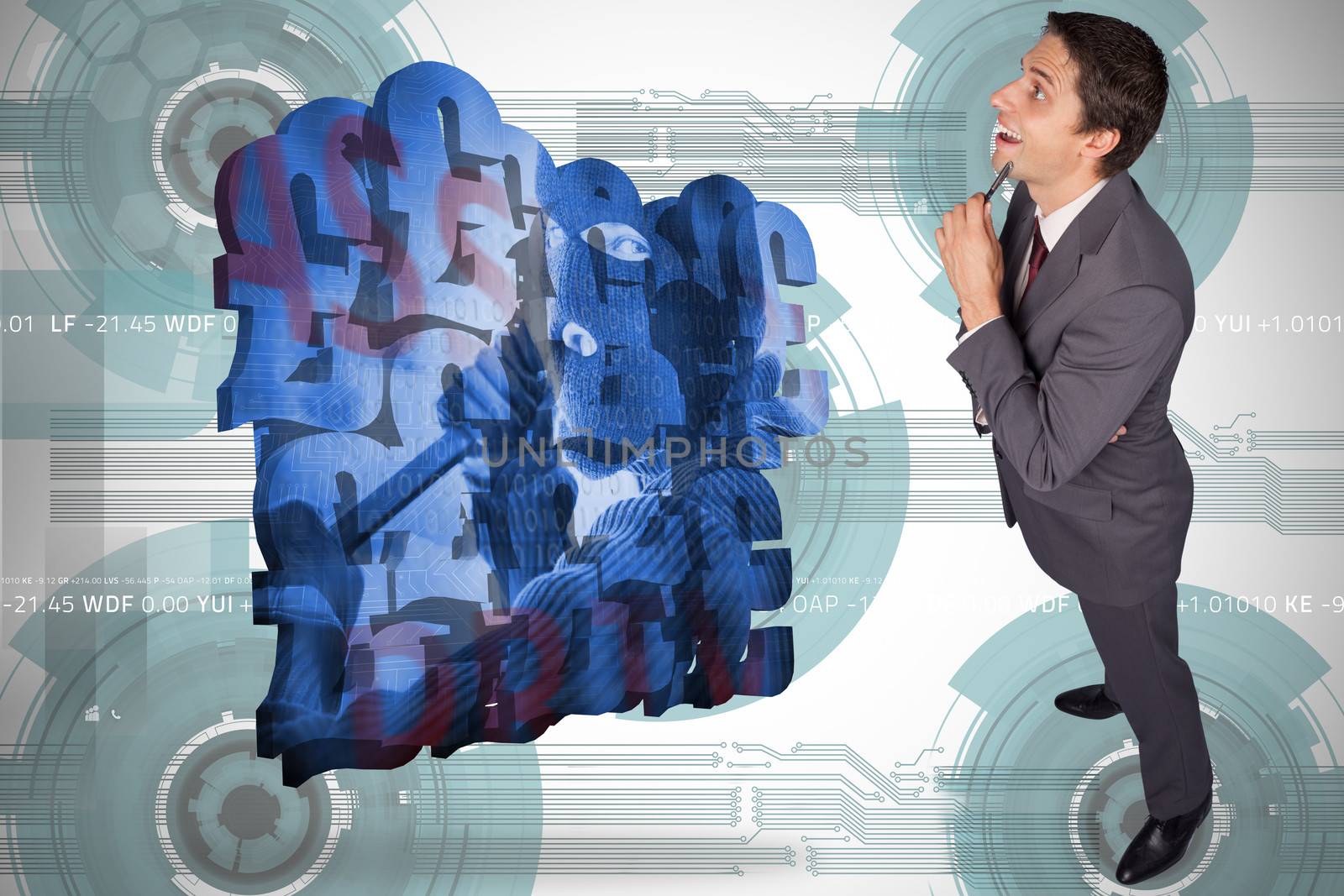 Thinking businessman holding pen against technology wheel background