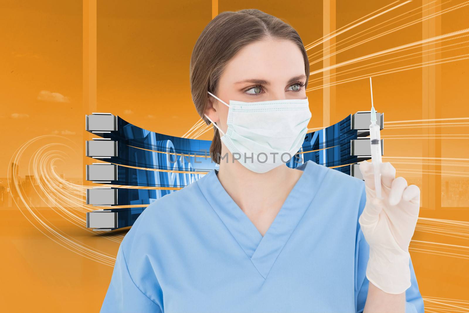 Composite image of pretty brunette female doctor holding a syringe and looking at it by Wavebreakmedia
