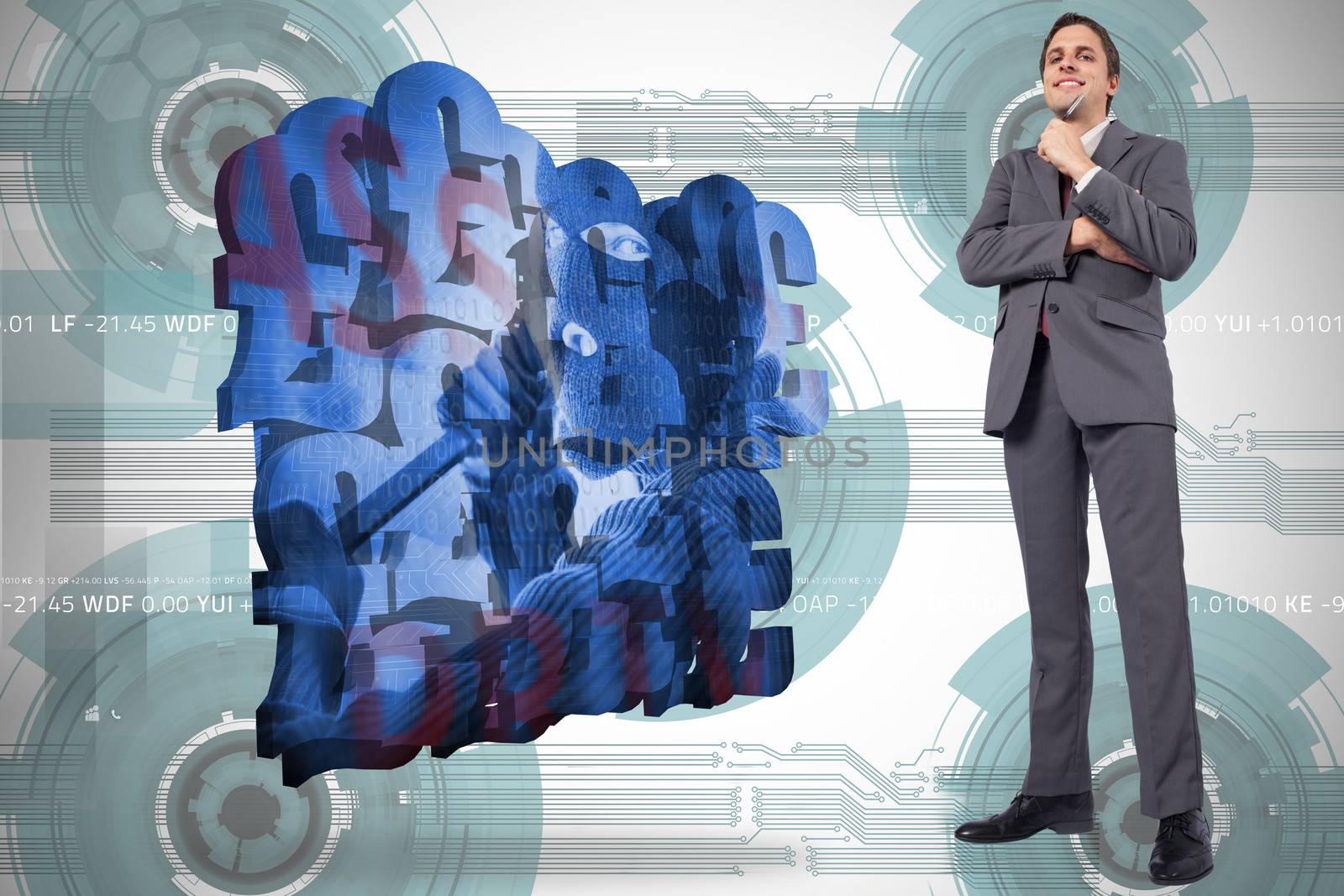 Composite image of thoughtful businessman holding pen to chin by Wavebreakmedia