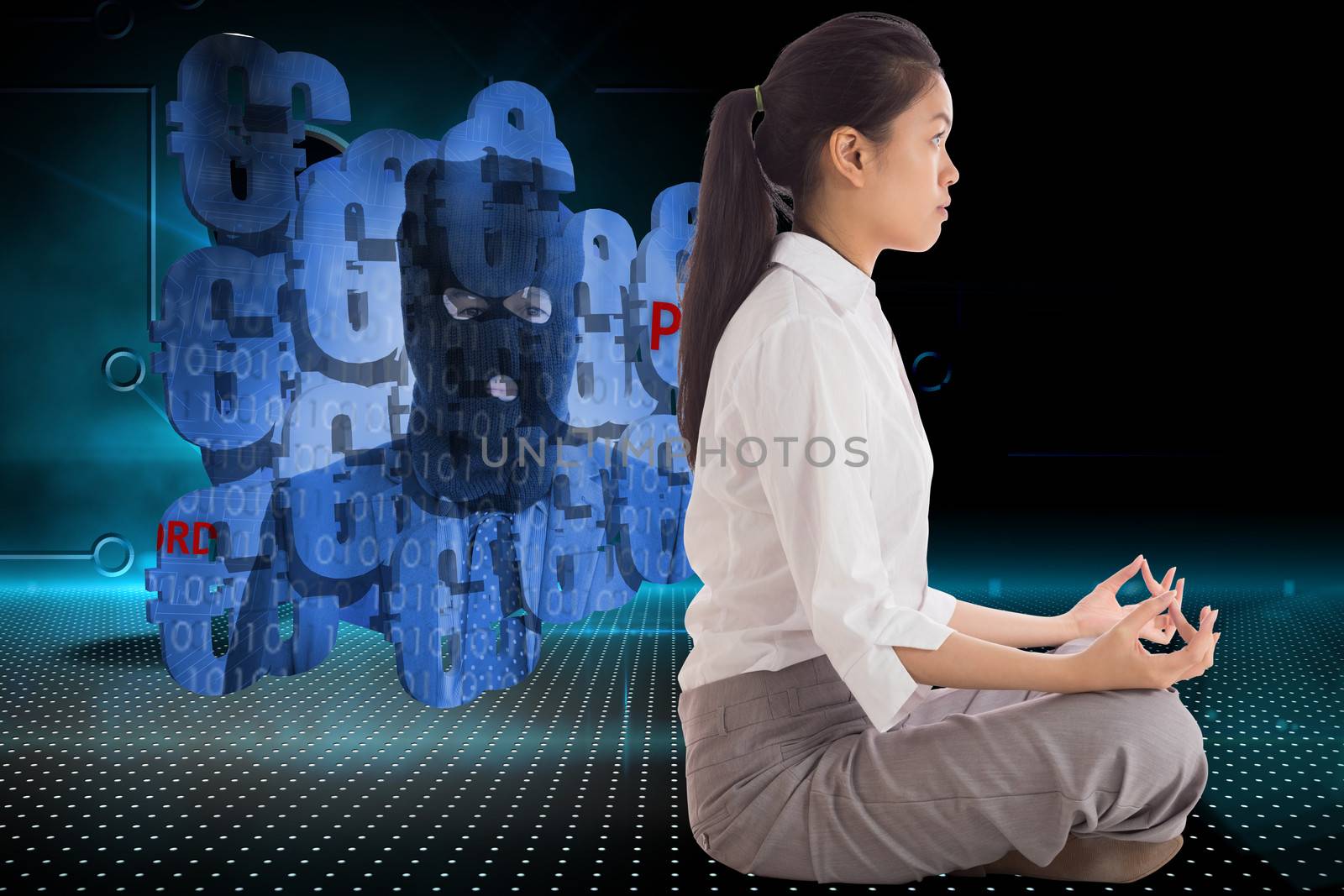 Businesswoman sitting in lotus pose against keyhole on technological background