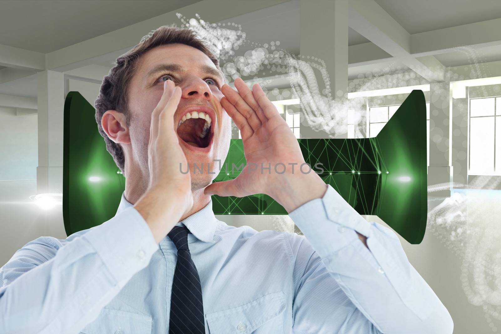 Businessman shouting against abstract white design in room
