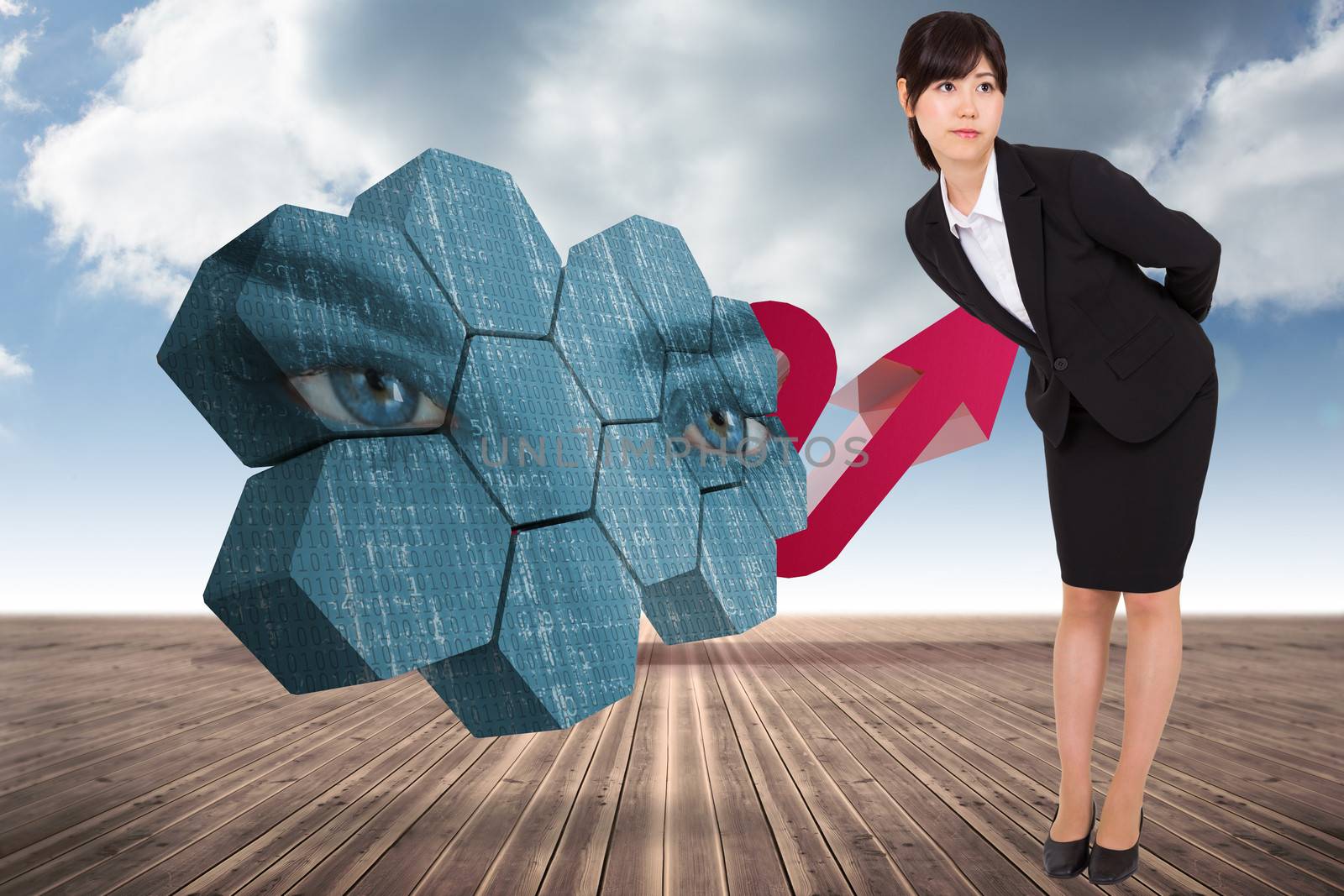Composite image of serious businesswoman bending by Wavebreakmedia