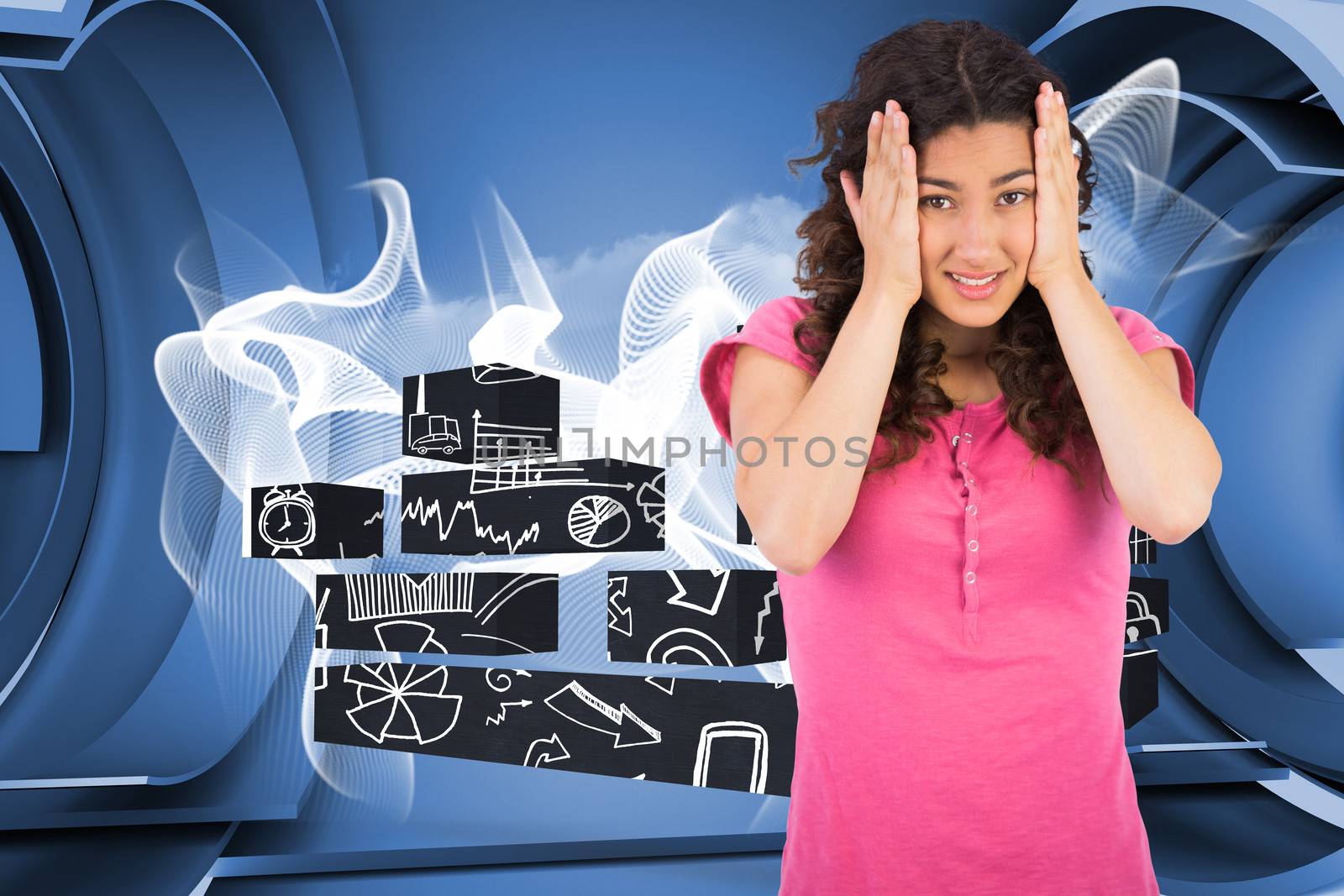 Cute brunette having headache against abstract linear design in blue and white