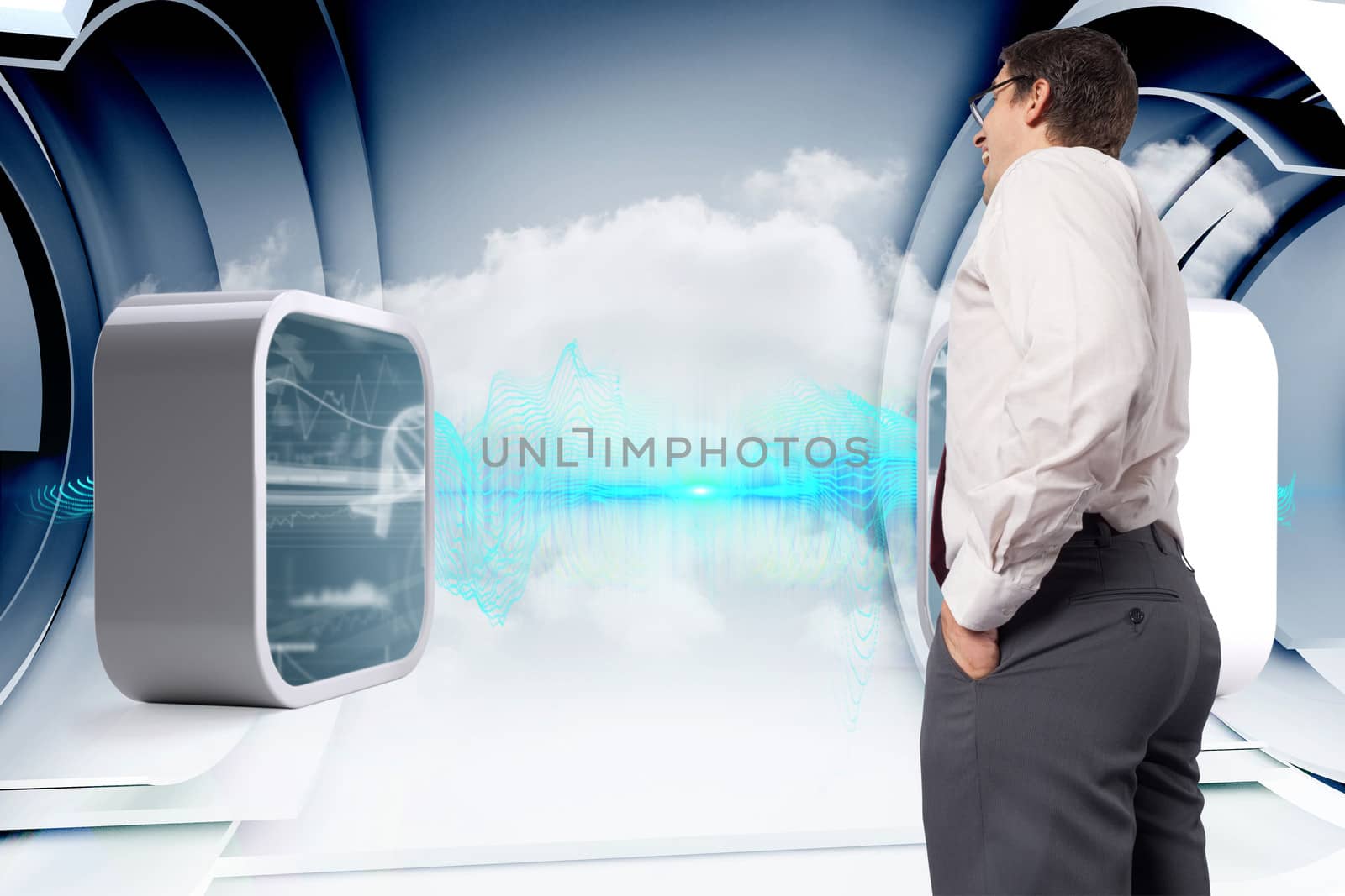 Thinking businessman touching his glasses against abstract blue design on clouds in structure 