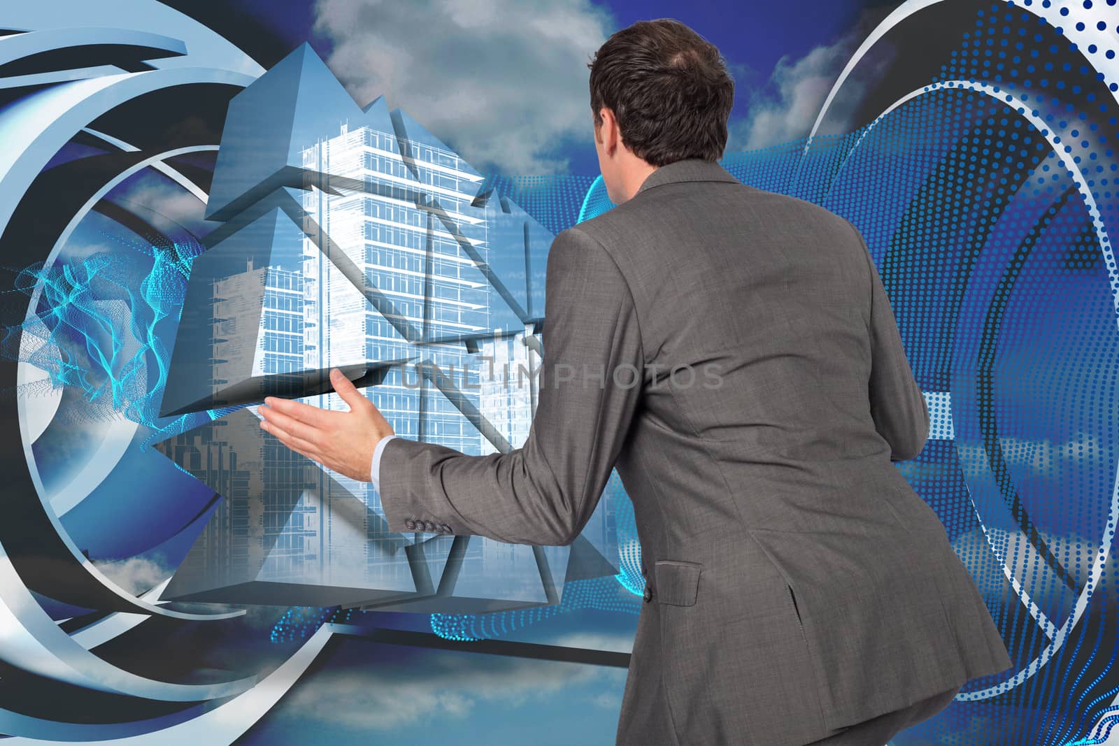 Businessman posing with hands out against abstract blue design in futuristic structure