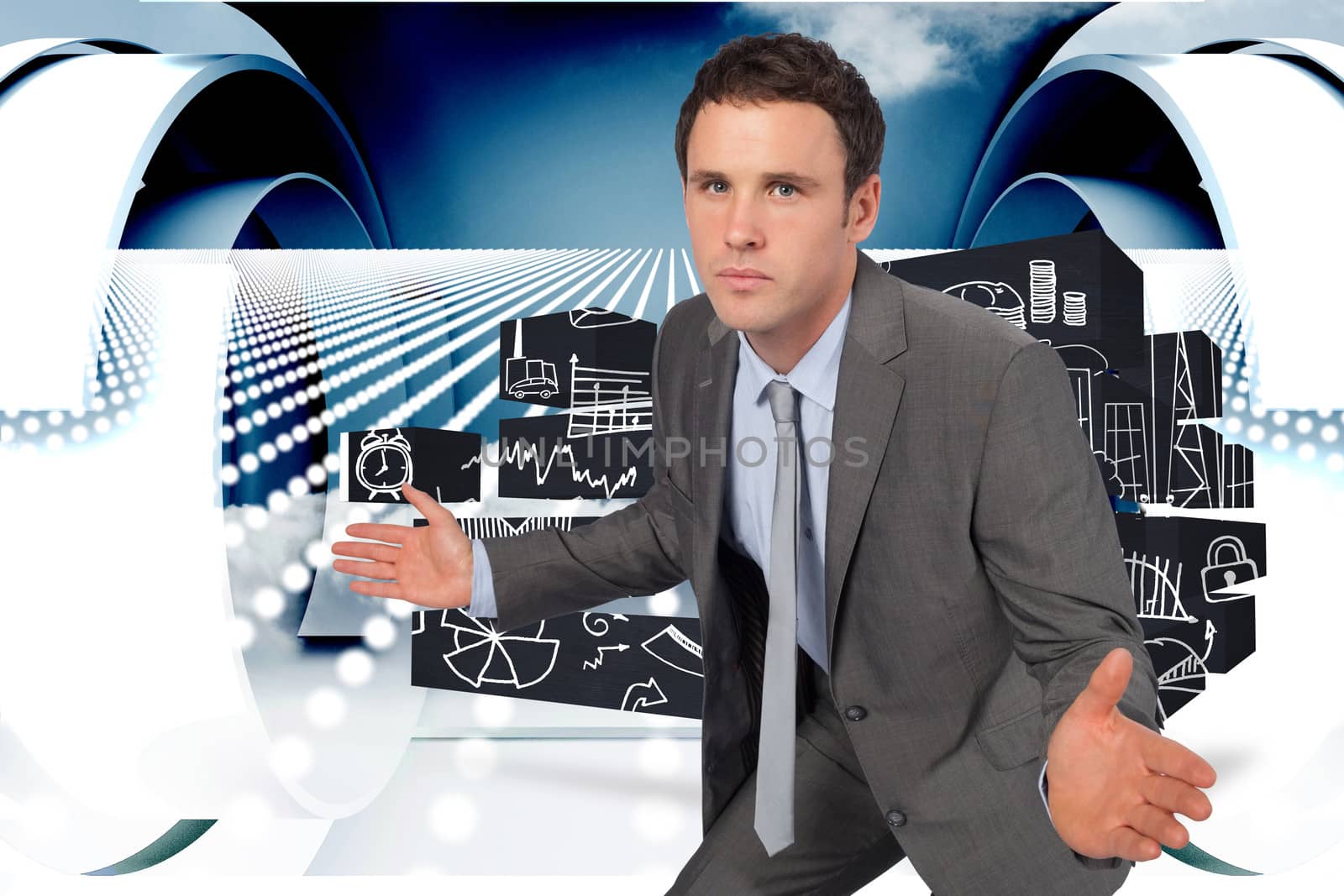 Businessman posing with hands out against abstract design in blue and white